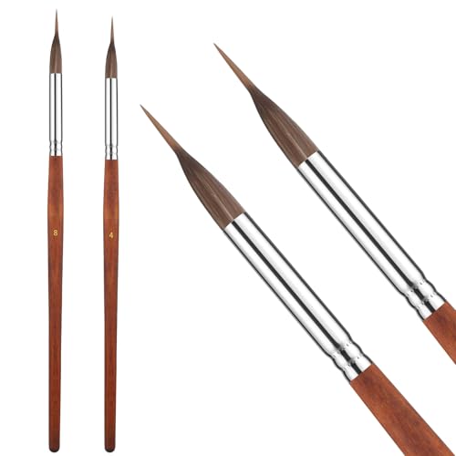 2 Pcs Extended Needle Point Watercolor Brushes, 8.6 & 8.8 Inch Synthetic Extra Long Pinhead Liner Brush, Fine Tip Paintbrush for Watercolor Acrylic Gouache Ink Painting (Wood Color)