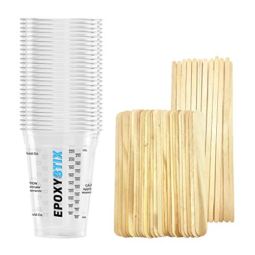 [Pack of 25] EpoxyStix Disposable Measuring Cups for Mixing Epoxy Resin - Measurements in mL and Oz - Bonus Pack with 25 Applicator Sticks and 25 Mixing Sticks - size: Pack of 25 with Sticks