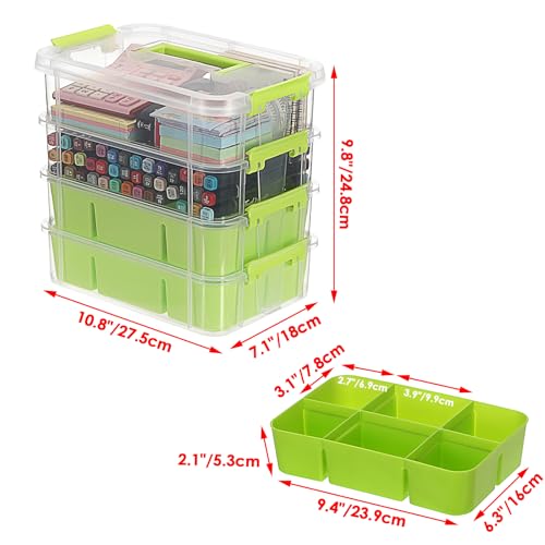 JUXYES 4-Tiers Plastic Stack Carry Storage Containers Box wih Handle Lids - color: Green