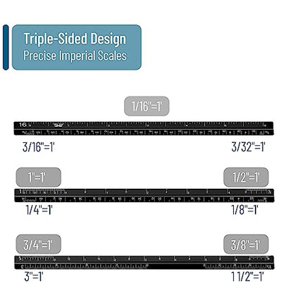 Mr. Pen- Small Architectural Scale Ruler, Aluminium, 6 Inch, 2 Pack | Black and Blue, Pocket Size Ruler, Triangle Ruler, Metal Ruler Set, Architect Scale Ruler for Blueprints - color: C. Black & Blue