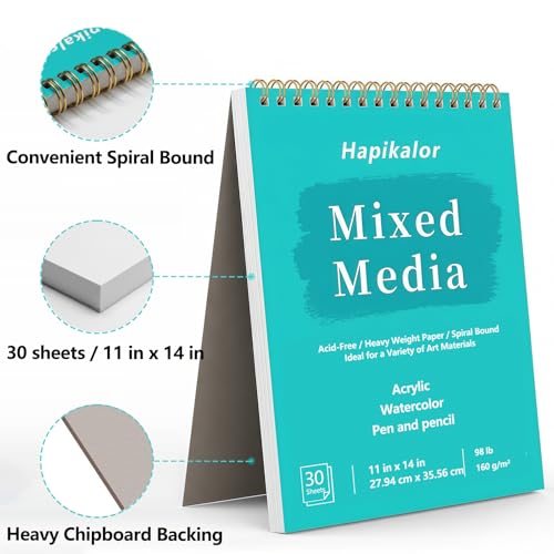 Mixed Media Sketchbook 11 "x 14" Multimedia Sketchbook, Sketch Book | Top Spiral Bound Sketch Book, 98lb/160gsm Mixed Media Paper, Watercolor Paper Sketch Pads for Drawing, Painting, Art Supplies - size: 11" x 14"