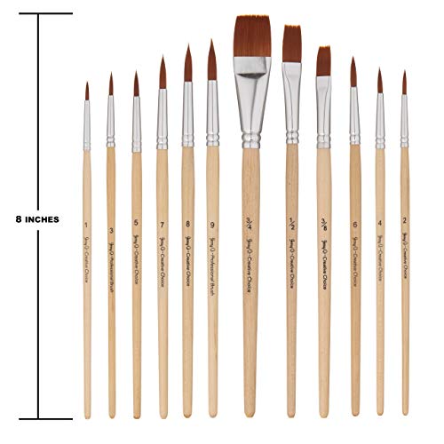 Jerry Q Art 12 PC Brown Synthetic Hair Round and Flat Paint Brush Set with Short Wood Handles for Acrylic, Watercolor and All Media JQ59831