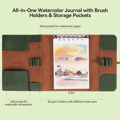 Lightwish Watercolor Pad - A5 20 Sheets 100% Cotton 300GSM Hot Press Paper | Detachable with Backing Board | All-in-One Travel Watercolor Journal with Brush Holders & Storage Pockets - color: Green