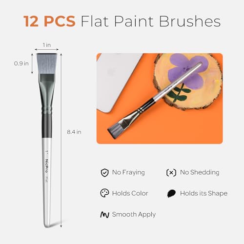 Nicpro 12pcs 1 Inch Flat Paint Brushes for Acrylic Painting, Large Paint Brushes Bulk for Acrylic Watercolor Oil, Artist Paint Brush Set for Canvas Painting, Base Coating, Crafts, Face Body Art Adults - size: 1 Inch x 12 pieces
