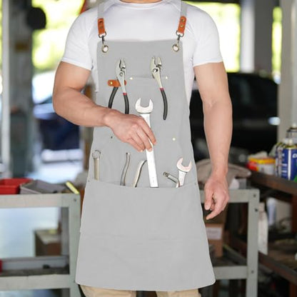 Aoomzoon Canvas Aprons for Men Chef Apron, Work Apron with Large Pockets - 16oz Heavy Duty Cross Back, BBQ, Cooking - color: White