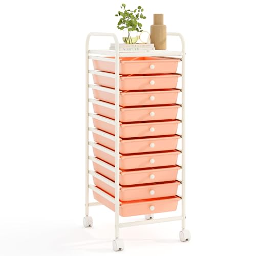 RELAX4LIFE 10 Drawer Rolling Cart - Slim Storage Cart w/Lockable Wheels for Classroom School Teacher Office, Art Supplies Paper Scrapbook Craft Organizers, Utility Cart with Drawers (Peach Pink) - color: Peach Pink, size: 34''H