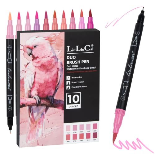 LIULIUCAI 10 Pink Dual Markers, Fine & Brush Tip Pen for Adult Coloring - color: 10 Pink
