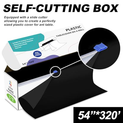 54IN X 320FT Plastic Table Cover Roll with Cutter Box, Cut to Size Plastic Table Cloths for Parties, Birthday, (Black, 54"x3840"(Rectangular)) - color: Black, size: 3840" x 54" (Rectangular)