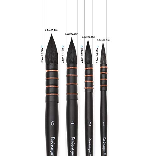 Watercolor Paint Brushes, 4 Size Professional Round Squirrel Hair & Horse Hair Synthetic Blend Paint Brush Set for Art Painting, Gouache, Wash/Mop, Artist Quality Supplies