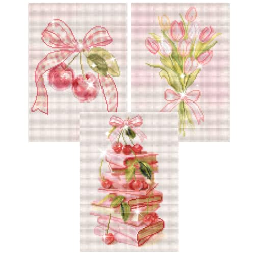 Gemozaic 3 Pack Pink Bow Diamond Art Kits for Adults, 12 x 16 Inch | Cherry Book Diamond Painting for Adult Beginners, Cute Easy Tulip Full Drill Round Gem Art for Home Wall Decor - color: G9519+G9520+G9521