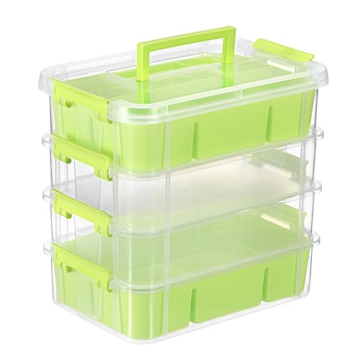 JUXYES 4-Tiers Plastic Stack Carry Storage Containers Box wih Handle Lids - color: Green