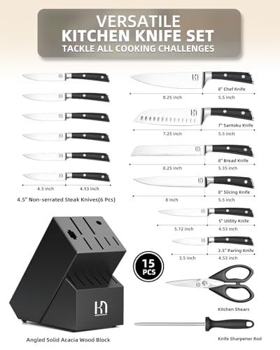 KnifeSaga Knife Set 15 Pcs High Carbon Stainless Steel Kitchen Knife Sets with Block & Sharpener, Premium Razor-Sharp Black Knives Block Set for Kitchen, Ergonomic Full-Tang Handle - color: Dark Black