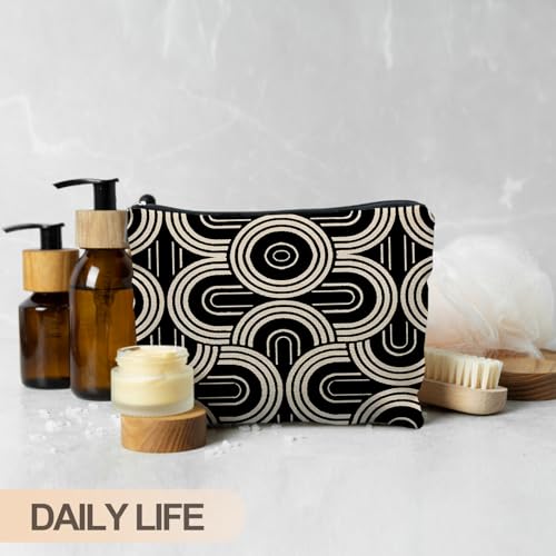 Abstract Beige and Black Makeup Bag, Modern Minimalist Art Deco Cosmetic Bags for Women, Mid Century Modern Zipper Makeup Pouch - color: Black and white lines - 3