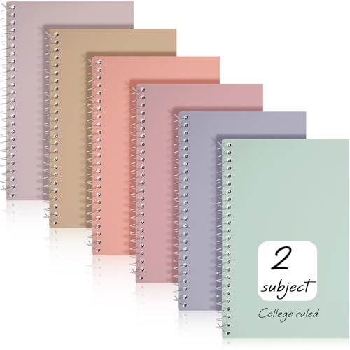 Teling 6 Pcs 2 Subject Notebook Small Spiral Notebook College Ruled 9-1/2 x 6 Inch Spiral Journal 100 Sheets Assorted Colors Easy Tear Line for Office Operation Christmas Items Bulk (Stylish Color) - color: Stylish Color