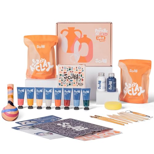 Sculpd Pottery Kit for Adults, Air Dry Clay with Tools, Earth Tones - style: Gloss Varnish with Earth Tones