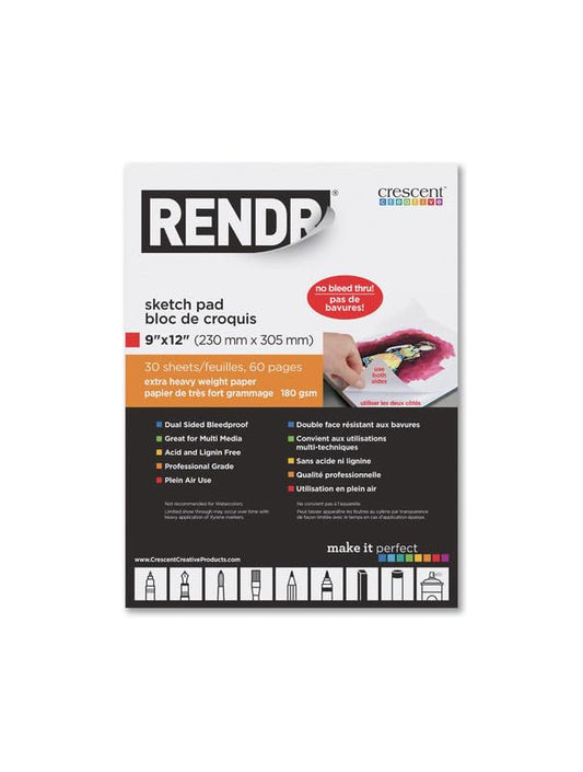 RENDR No Show Thru Dual-Sided Sketch Pads for Drawing, Bleedproof, Acid-Free, 80 Perforated Pages, 180 GSM, 9" x 12"