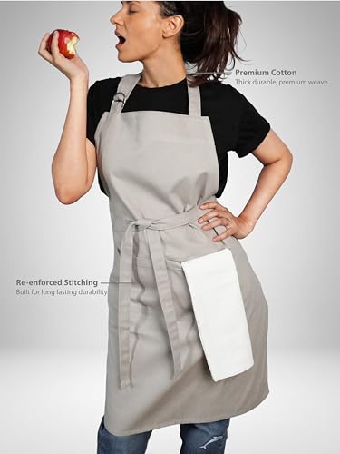 100% Cotton Kitchen Apron with 2 Pockets – Adjustable Chef Apron for Cooking Baking BBQ – Unisex Apron - color: Light Grey