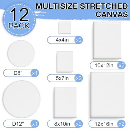 ESRICH 12 Pack Stretched Canvas for Painting, 4x4, 5x7, 8x10, 10x12, 12x16(2 of Each), Round Canvas with 8x8, 12x12(1 of Each), Blank Canvases Primed Paint Canvas for Beginners, Artists. - size: 12PCS-7sizes