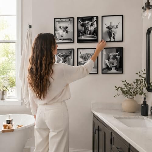 Dazoratix Highland Cow Bathroom Poster - 6 Pcs Black and White Funny Animal in Toilet Wall Art Prints Decor Humorous Vintage Aesthetic Pictures for Bath Room Bathroom Washroom Home Unframed Decoration - color: Highland Cow Bathroom
