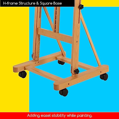 MEEDEN Large Studio H-Frame Beech Wood Artist Easel - Adjustable Movable Tilting Easel, Floor Painting Easel Stand, Holds Canvas Art up to 48" - color: Natural, size: Easel with Wheels