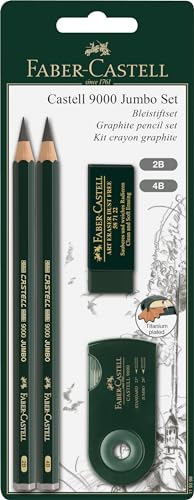 Faber-Castell 9000 Jumbo Graphite Pencil Set - 2 Graphite Sketch Pencils (2B, 4B), Double Hole Pencil Sharpener, Dust Free Art Eraser - Graphite Pencils for Drawing, Sketching and Shading - style: Utilitarian
