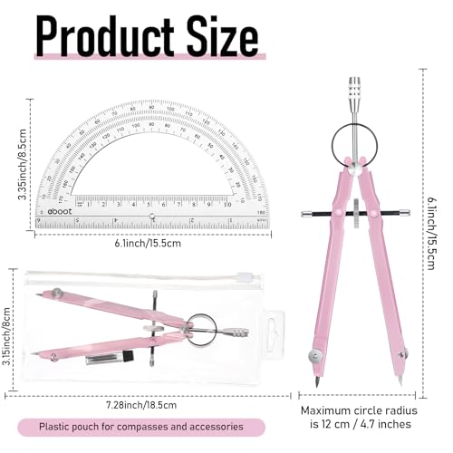 EBOOT Student Geometry Math Set, Metal Drawing Compass and 6 Inch Clear Swing Arm Protractors 180 Degree Math Protractor(Pink) - color: Pink