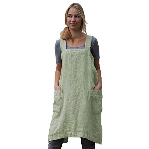 Women's Pinafore Square Apron Baking Cooking Gardening Works Cross Back Cotton/Linen Blend Dress with 2 Pockets - color: Y-light Green, size: XX-Large