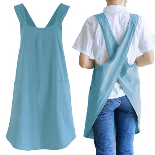NEWGEM Japanese Cotton Linen Cross Back Cooking Apron for Women Men with Pockets Cute for Baking Kitchen - color: 10 - Women's Light Blue