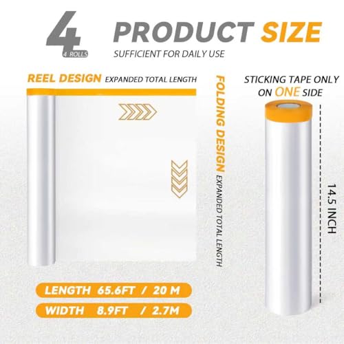 4 Rolls 8.9 x 65.6 ft Pre-Taped Masking Film, Plastic Drop Cloth with Tape | Plastic Sheeting Drop Cloth for Painting,Automotive Covering and Appliance Protection,Pre Taped painter,Plastic Sheeting Roll