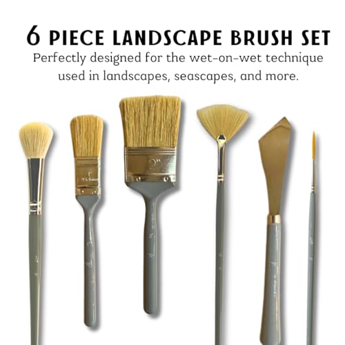 Adam Lashley 6 Piece Landscape Brush Set: 2 Inch, 1 Inch Oval, 6 Fan, Large Palette Knife, 3/4 Inch Mop Blender, 2/0 Script Liner for Wet on Wet Painting