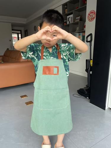 Canvas Aprons for Kids, Childrens Aprons with 4 Pockets and Card Slot Pocket for Painting Crafting Kitchen - color: Light Green