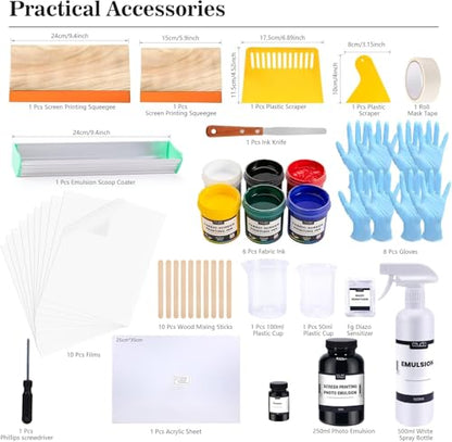 Caydo 59 Pieces All-in-One Screen Printing Kit with Screen Printer, 50W Exposure Screen Printing Light, Photo Emulsion Kit, Screen Printing Frames, Instructions