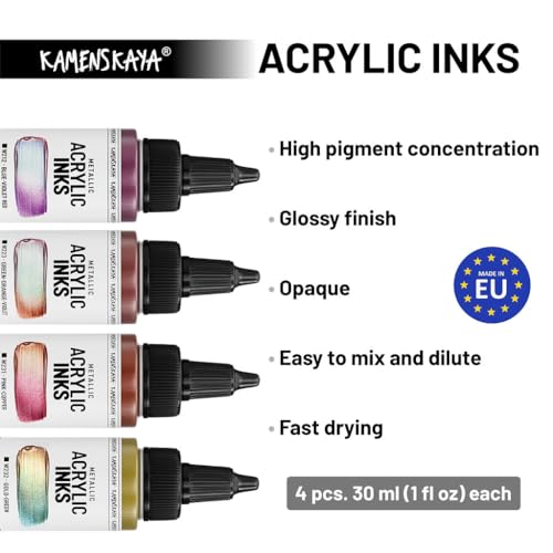 Kamenskaya Acrylic Ink Set – Chameleon Metallics – 4 x 1 Fl Oz Bottles - color: Blue-violet-red, Green-orange-violet, Pink-copper, Gold-green, style: Chameleon Metallic