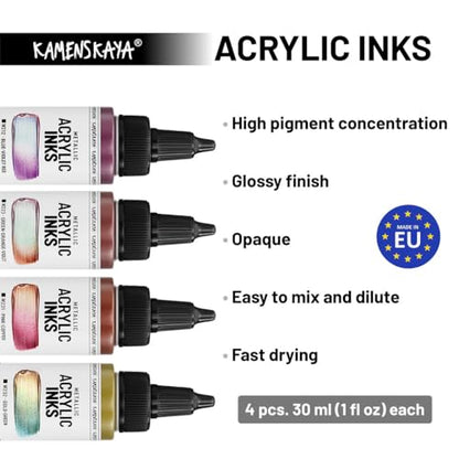 Kamenskaya Acrylic Ink Set – Chameleon Metallics – 4 x 1 Fl Oz Bottles - color: Blue-violet-red, Green-orange-violet, Pink-copper, Gold-green, style: Chameleon Metallic