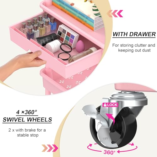 Goovilla 3 Tier Rolling Utility Cart Organizer with Removable Drawer, Pink | Stable and Sturdy Rolling Storage Carts with 2 Lockable Wheels for Bathroom, Kitchen, Snack, Craft, Makeup, Baby Essentials - size: 3 Tier, style: Pink