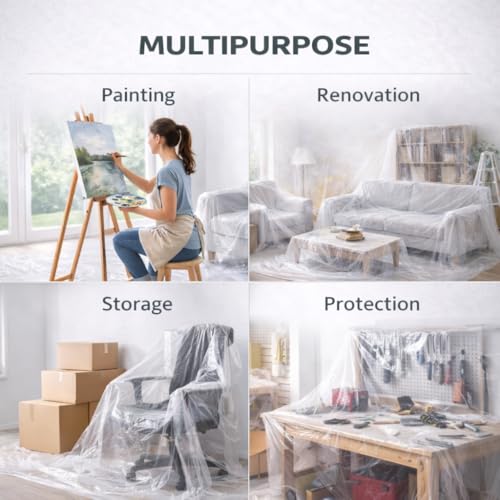 GREEN LIFESTYLE Plastic Drop Cloths for Painting 12 x 9 ft [6 Pack] – Waterproof Paint Drop Cloth, Plastic Sheets Floor Cover, Disposable Tarp for Furniture Protection, Remodeling and Moving - size: 9x12
