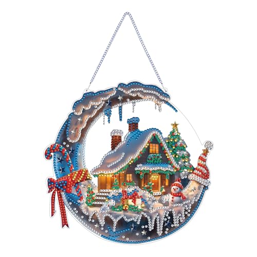 STGLCR Hanging Ornament Chirstmas House Diamond Painting Kits for Adults, Winter Diamond Art Kits for Beginners, 5D DIY Christmas Wreath Diamond Dot Art Pendants, Full Drill Moon Gem Craft 7.8 inch, - color: Christmas House