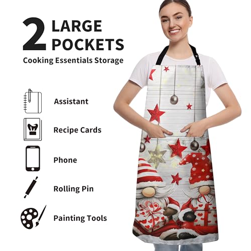 Christmas Gnomes Apron Xmas Kitchen Apron Gnomes with Xmas Tree Snowflakes Cooking Aprons with Two Pockets Winter Aprons With Adjustable Strap for Baking,Crafting, Painting - color: Xmas Gnomes