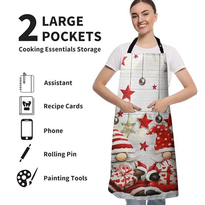 Christmas Gnomes Apron Xmas Kitchen Apron Gnomes with Xmas Tree Snowflakes Cooking Aprons with Two Pockets Winter Aprons With Adjustable Strap for Baking,Crafting, Painting - color: Xmas Gnomes