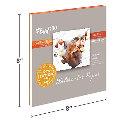 Fluid 100 Watercolor Paper Block, 8 x 8 inches, 15 Sheets, 140 lb (300 GSM) 100% Cotton Cold Press Pad for Artist Painting and Wet Media - size: 8 x 8 (140 lb)