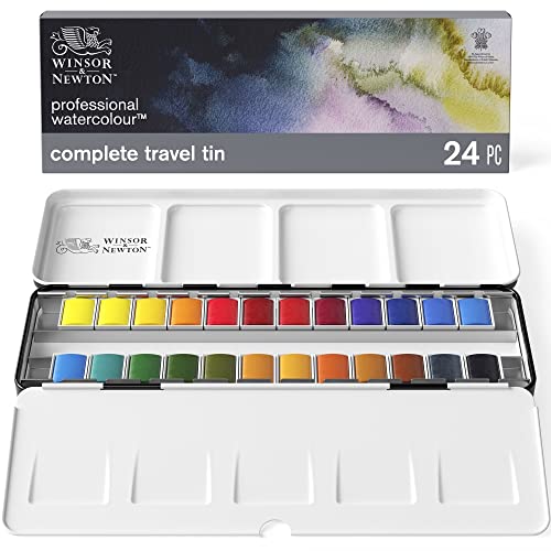Winsor & Newton Professional Watercolor Paint Set, Complete Travel Tin | 24 Half Pans, Unrivalled Transparency, Single Pigment Vibrant Colors, Archival Permanence, Heritage Brand, Finest Pigments - style: Lightweight Metal Box 24 Half Pan