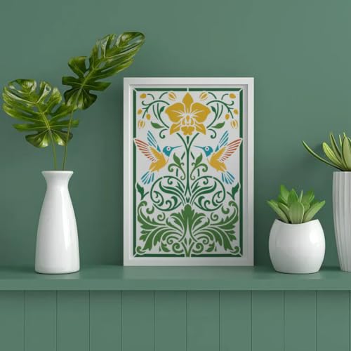 FINGERINSPIRE 4PCS Symmetrical Animals Plants Painting Stencils with Paint Brush 8.3x11.7inch Hummingbird Dragonfly Flower Template Peacock Owl Vine Stencil Animal Theme Template for DIY Crafts - color: Symmetrical Animals Plants
