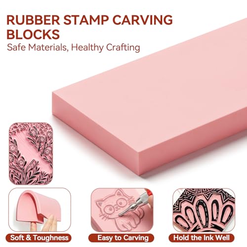 WAYCOM Linocut Kit for Beginners - 4x6 Soft Rubber Carving Block with Linoleum Cutter, Hobby Knife, Ink Pad & Pencil - Stamp Making & Block Printing Starter Set, DIY Craft Gift for Adults & Teens - color: Pale Pink-1 Rubber Block