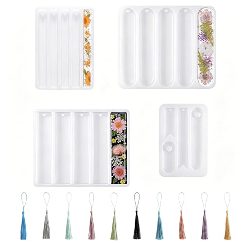 24 Pcs Resin Bookmark Mold, Silicone Epoxy Casting Molds Kit | With 20 Tassels, Pre Punched Hole Design For DIY Bookmarks Craft Making, 10 Colors Presents For Beginners Craft Classes