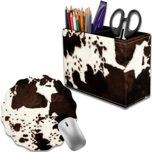 Pen Holder for Desk, PU Leather Multifunctional Desktop Storage Box and Anti-Slip Mouse Pad Set, Makeup Brush Holder Pen Organizer for Office and Home - Cow Hide Print - color: Cow Hide Print
