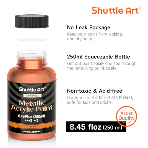 Shuttle Art Metallic Copper Acrylic Paint, 8.45 oz (250 ml) Copper Leaf Paint With Brush, Non Toxic, Non Fading Copper Paint for Crafts, Metal, Wood, Clay, Ceramic, Canvas, Furniture - color: Copper, size: 8.45 Fl Oz (Pack of 1)
