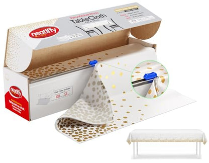 Neatiffy Disposable Plastic Table Cloth Roll with Slide Cutter | Waterproof Cover for Rectangle, Square, Oval Tables | Picnic, Party, Banquet, Birthdays, Weddings - White Gold Dots - color: White Golden Dot, size: 54 inches X 100 feet