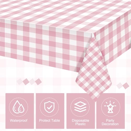FuWeave 12 Pcs Pink and White Checkered Tablecloths Disposable Plastic Gingham Table Cloths Waterproof Rectangle Plaid Table Cover for Wedding Picnic Birthday Party Decor, 54 x 108 Inch - style: Pink plaid
