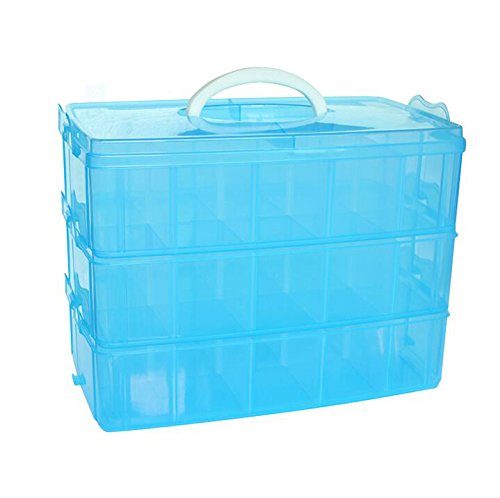 Kamay's Extra Large 3 Tier Stackable Adjustable Compartment Slot Bead Craft Jewellery Tool Storage Organiser Snap-lock Tray Container, with 30 Compartments, Container Box, Blue - style: Extra Large 3 Tier 30 Compartments Blue