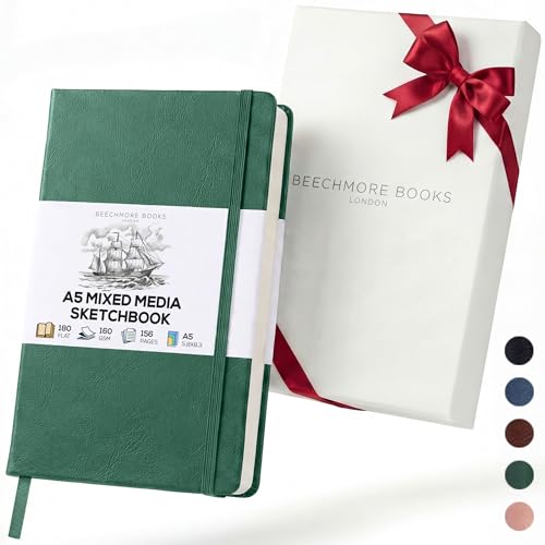 BEECHMORE BOOKS A5 5.8x8.3 Mixed Media Sketchbook 160 GSM/98LB, Gift Box | Hardcover Art Journal with Lay-Flat Binding, 156 Perforated Ivory Pages, Portable Size for Drawing, Ink & Light Watercolor - color: Dartmouth Green, size: A5 - 5.8" x 8.3" Medium